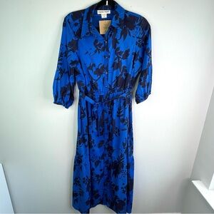 Dress Naoo Elegant Blue Floral Midi 3/4 Sleeve Dress 100% cotton Size XL